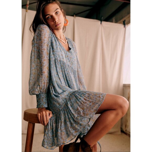 Sézane Dresses & Skirts - Sézane Aurena Mini Dress Vintage Blue Praire FR 46/US 14 Romantic Boho